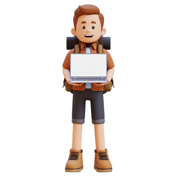 3D Traveller Character Holding Laptop with Empty Screen png