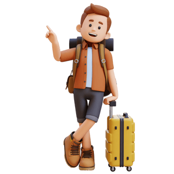 3D Traveller Character Lying on Suitcase while pointing up png