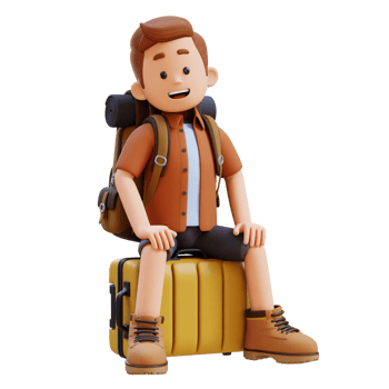 3D Traveller Character Sitting on a Suitcase png