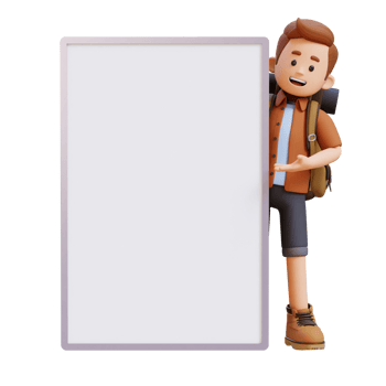 3D Traveller Character Presenting on Blank Placard png