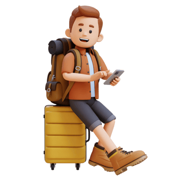 3D Traveller Character Sitting on a Suitcase and holding smart phone png