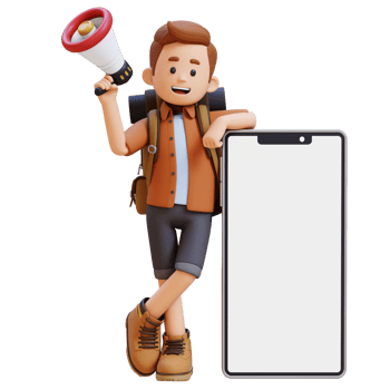 3D Traveller Character Holding Megaphone and Lying on Big Empty Phone Screen png