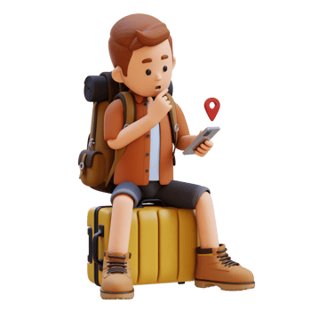 3D Traveller Character Sitting on a Suitcase and checking the GPS Location on smart phone png