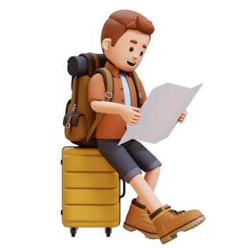 3D Traveller Character Sitting on a Suitcase and Checking the Map png