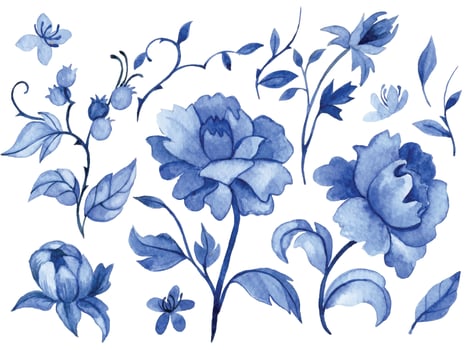 set of vintage blue flowers, watercolor drawing in vintage style. vector