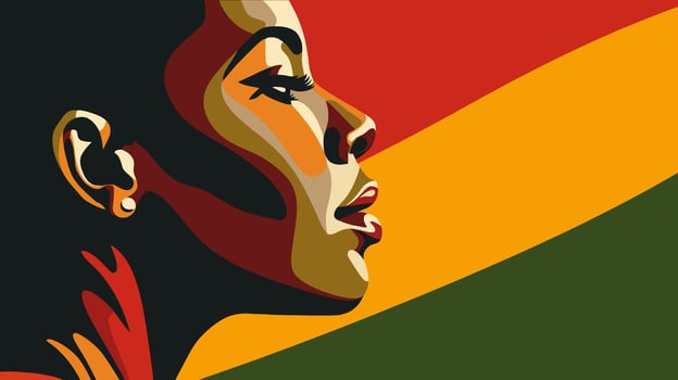 Black History Month background in vector. African-American woman face in profile over red yellow green black colors background. Juneteenth freedom day. Racial equality, freedom, human rights day. vector