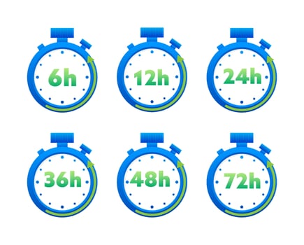 12, 24, 36, 48 and 72 hours clock arrow. Working and Delivery service effect time icons. Order execution. Vector stock illustration