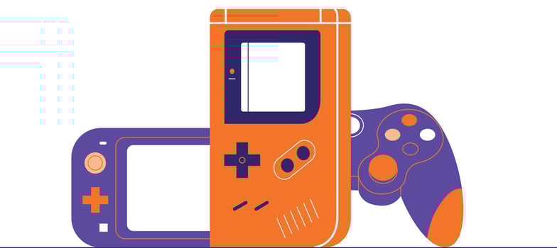 Game machine, joystick, videogame console, playing controller, gamepad set. Gamers digital gadgets, joypads, toy gun in modern and retro styles. Flat vector illustrations isolated on white background.
