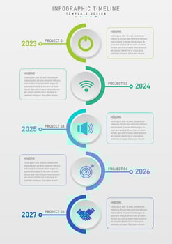 5 year timeline infographic. Vertical semicircular multi-colored Gray button above icon In the middle of the line there are year numbers at the end. Multi-colored line frame with letters in the middle vector