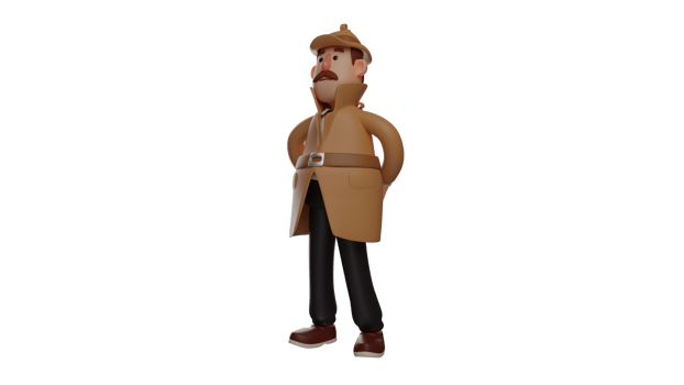 3D illustration. Senior Detective 3D Cartoon Character. Detective wore a brown coat and hat. Mustachioed detective put his hands behind his back while taking in his surroundings. 3D cartoon character png