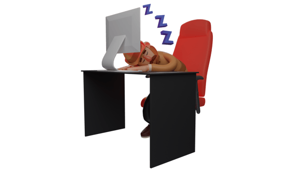 3D illustration. Sleepy Detective 3D Cartoon Character. Old detective sleeping at his desk. The detective buried his face in front of his work laptop. 3D cartoon character png