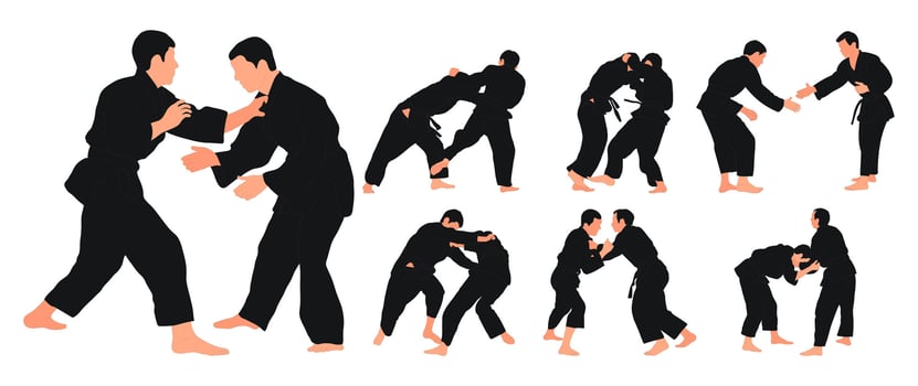 Line sketch judoist, judoka, athlete duel, fight, judo, sport figure, isolated vector