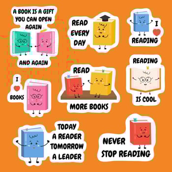Collection of stickers with motivation inspirational quotes about books, reading, learning. Books lover, reading books, readers concept. Motivation of reading for kids, children. vector