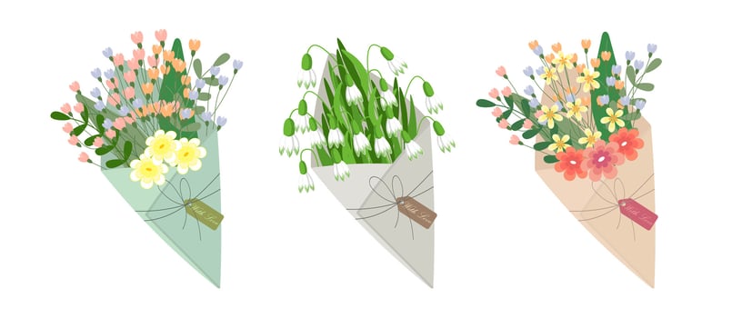Set of envelopes with flowers, gift icons. Spring illustration, greeting icons, vector