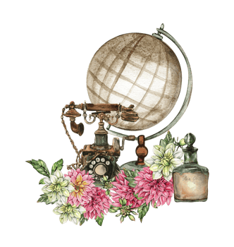 Watercolor rusty old elements and dahlia composition. png
