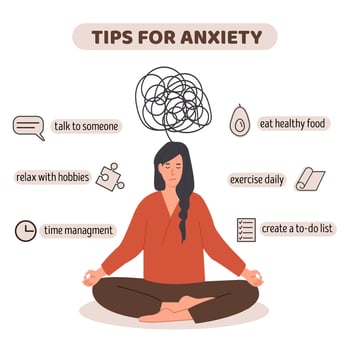 African or asian stressed woman with anxiety disorder. Useful tips for anxiety management infographic. Anxious person suffering with mental problem. Mental health concept. Vector illustration.