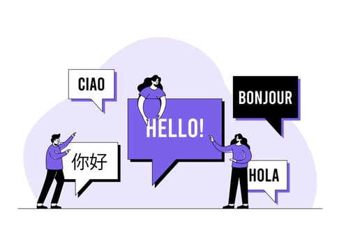 Online translator, Translate foreign languages, Chat bubbles with different languages, Hello, Multilingual communication, App icon for Dialogue between foreign people concept flat vector illustration