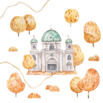 autumn landscape with colored trees and church, beautiful building, cute watercolor childrens illustration on white background png