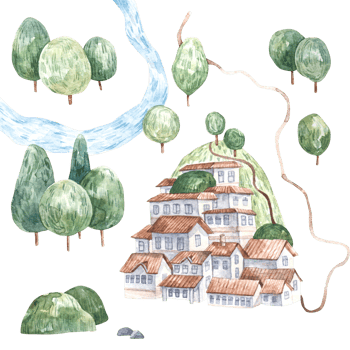 summer landscape with green trees and houses on the mountain, paths, cute watercolor childrens illustration on white background png