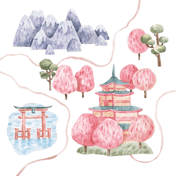 spring landscape with pink trees and asian architecture, asia, cute childrens watercolor illustration on white background png