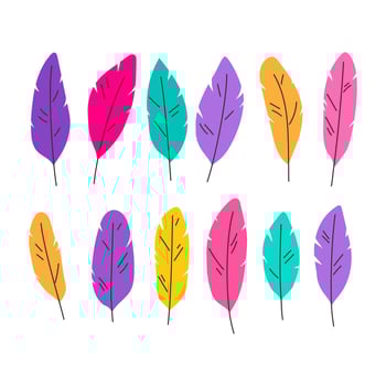 Bright hand-drawn feathers. Set of decorative elements for carnival, Mardi Gras, Brazilian festival. Flat Vector illustration isolated on a white background.