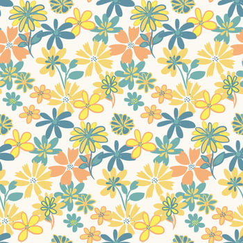 Colorful yellow seamless pattern with simple shape organic flowers. Vector hand drawn sketch doodle. Abstract summer background with liberty floral. Design for print, fashion, textile, fabric