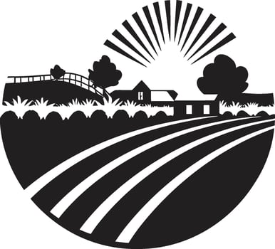 Fields of Tranquility Black Vector Logo for Farms Countryside Oasis Agricultural Farmhouse Icon Design