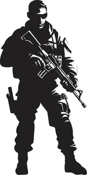 Combat Ready Guardian Armed Soldier Emblem in Black Tactical Defender Armyman Vector Logo Icon Design