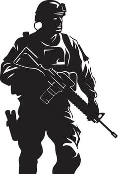 Combat Vigilance Black Logo Icon of an Armed Soldier Warrior Strength Vector Armyman Emblem in Black