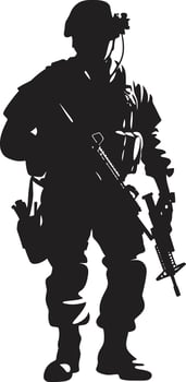 Militant Precision Armed Forces Black Logo Design Tactical Defender Armyman Icon in Black Vector
