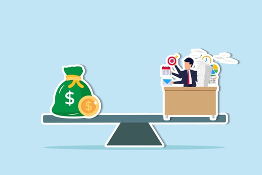 Wages, salary or income, work hard for money or incentive motivate to work overtime, overworked and life balance concept, businessman working hard on busy desk seesaw balance with wages money bag. vector