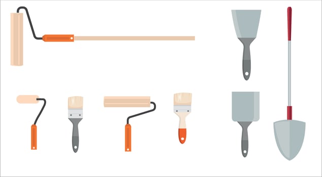 Painting, whitewashing tools. Painting, whitewashing item vector set illustration