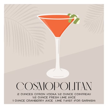 Cosmopolitan Cocktail in martini glass garnished with lime wheel. Summer aperitif recipe retro minimalist print. Alcoholic beverage with tropical palm shadow on background. Vector flat illustration.