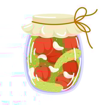 Jar preserved tomatoes and cucumbers in flat style. Can of pickled vegetables. Grocery conserve container. Vector illustration isolated on a white background.