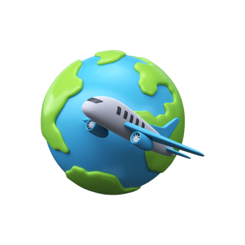 Airplane flies around planet Earth. 3D world travel icon png