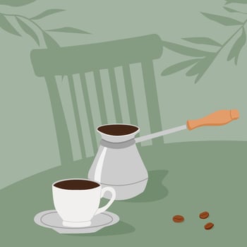 Trendy minimalist square card with turkish pot and cup of coffee on table in cafe. Cezve manual brewing. Contemporary wall art for kitchen. Outdoor restaurant scene in summer. Vector flat illustration