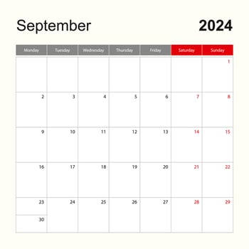 Wall calendar template for September 2024. Holiday and event planner, week starts on Monday. vector