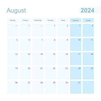 2024 August wall planner in blue pastel color, week starts on Monday. vector