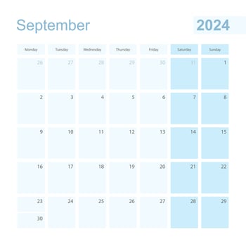 2024 September wall planner in blue pastel color, week starts on Monday. vector