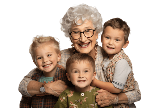 AI generated Affectionate Grandma and Grandkids on Transparent Background. png