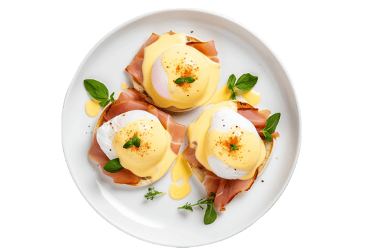 AI generated Eggs Benedict on a White Plate. Transparent Background png