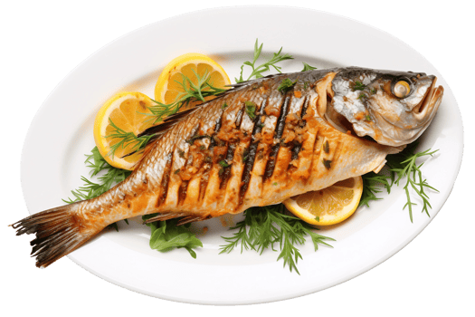 AI generated Grilled Fish with Herbs on a White Plate Isolated on Transparent Background. png