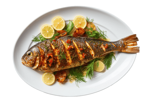 AI generated Grilled Fish with Herbs on a White Plate Isolated on Transparent Background. png