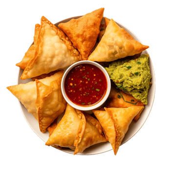AI generated Assorted Indian Samosas with Flavorful Chutney on transparent background. png