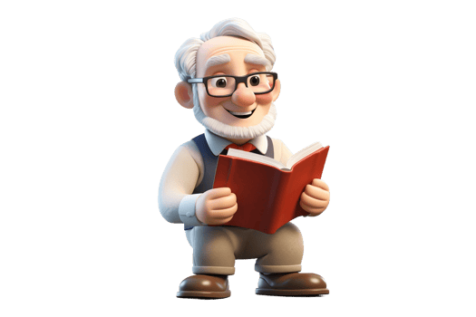 AI generated 3D Cartoon of an Elderly Character, Engaged in Reading a Book Isolated on Transparent Background. png