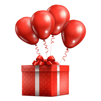 AI generated red gift box with balloons on transparent background png