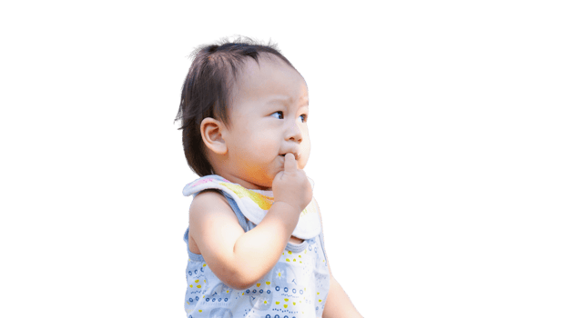 Asian Baby Toddler is Sucking the Index Finger of His Hand when he is Shy or thinking, On Isolated Background. png