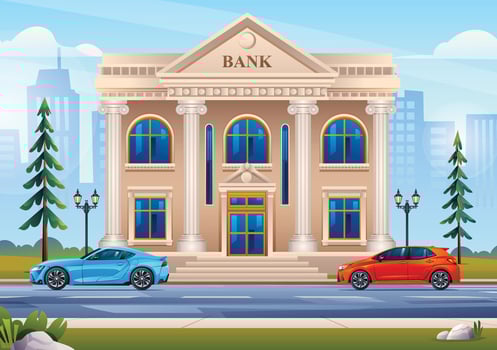 Bank building with cars on cityscape background. Vector cartoon illustration