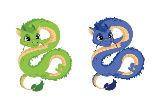 et of Chinese dragons isolated on white background. Green and blue are a traditional Asian mythological symbol. Horoscope sign. Vector illustration in cartoon style.