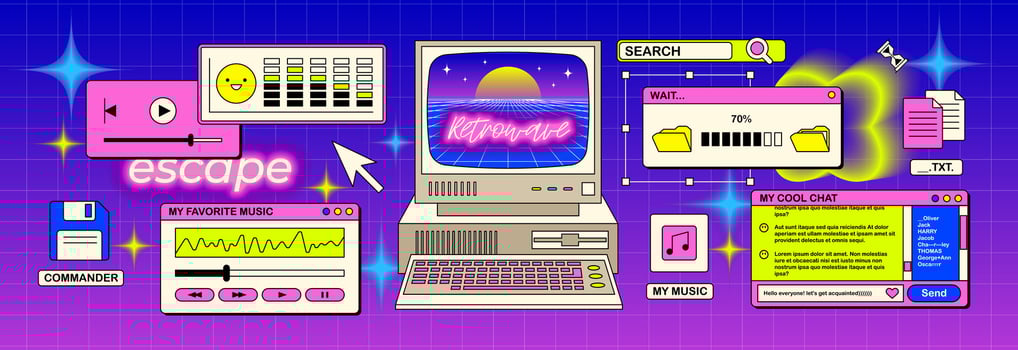 The screen of an old retro PC in the y2k style. Retro wave and vaporwave background. Bright vintage computer interface vector